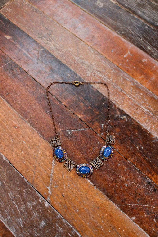 1940s Blue Stone & Enamel Deco Necklace 