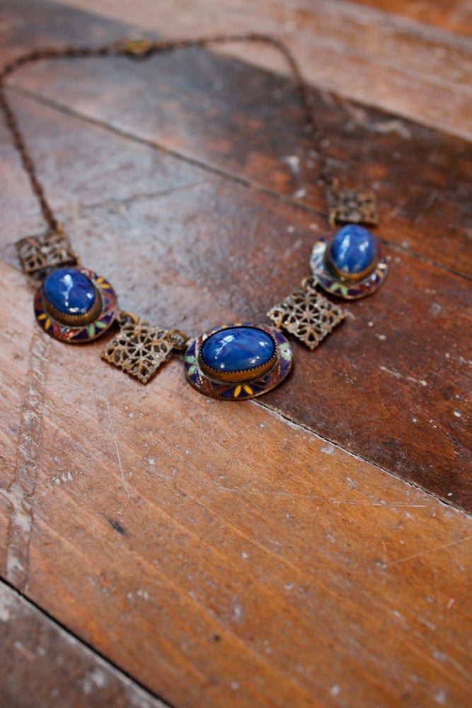 1940s Blue Stone & Enamel Deco Necklace 