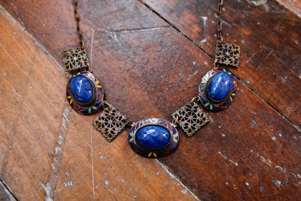 1940s Blue Stone & Enamel Deco Necklace 