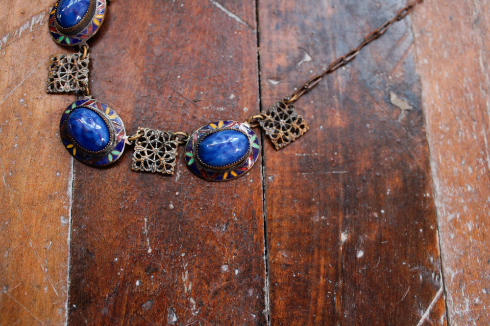 1940s Blue Stone & Enamel Deco Necklace 