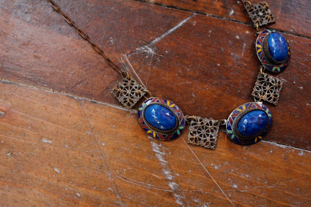 1940s Blue Stone & Enamel Deco Necklace 