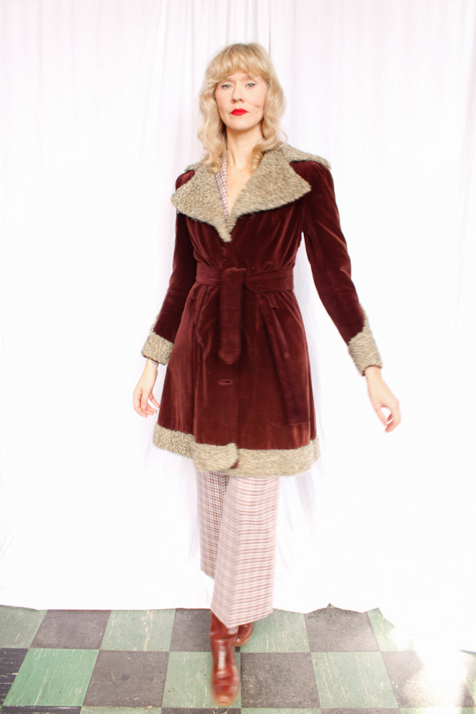 1930s Plum Velvet Belted Coat with Faux Persian Lamb Wool