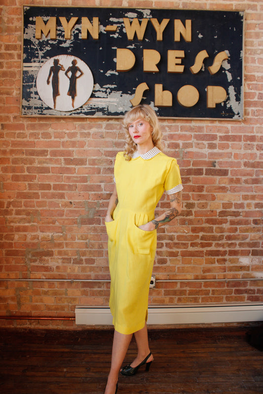 1950s Yellow Spring Sheath Dress - Medium