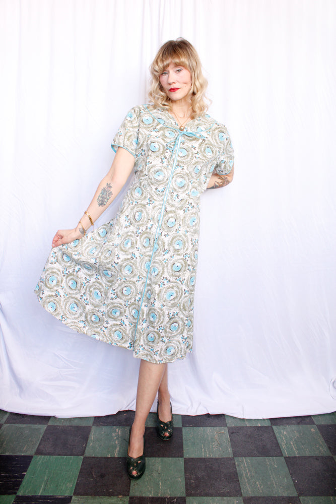 1950s Blue Floral Day Dress - XXL