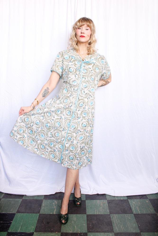 1950s Blue Floral Day Dress - XXL