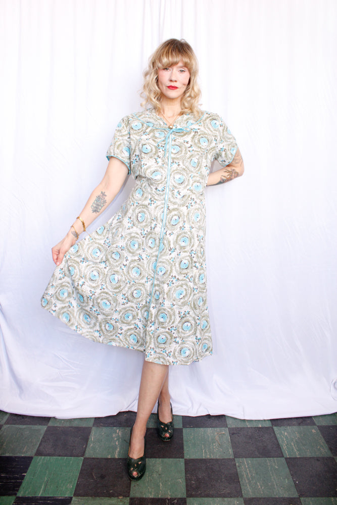 1950s Blue Floral Day Dress - XXL