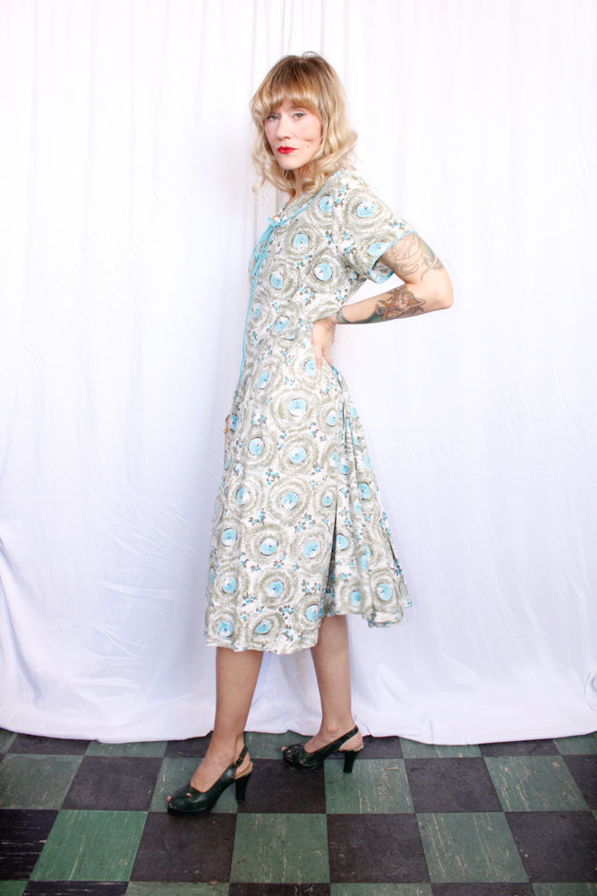 1950s Blue Floral Day Dress - XXL