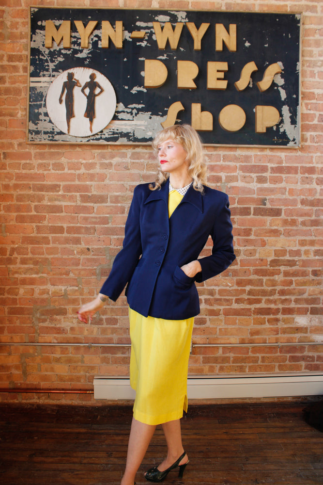 1940s Sapphire Blue Gabardine Wool Jacket - Medium