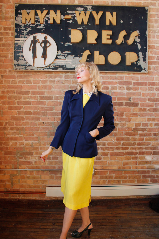 1940s Sapphire Blue Gabardine Wool Jacket - Medium