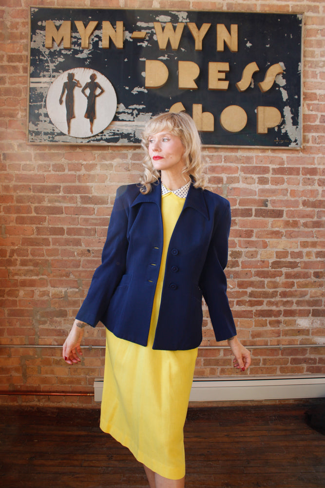 1940s Sapphire Blue Gabardine Wool Jacket - Medium