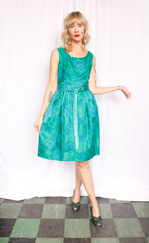 1950s Silk Rose Brocade Dress - Medium