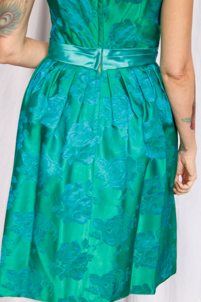 1950s Silk Rose Brocade Dress - Medium
