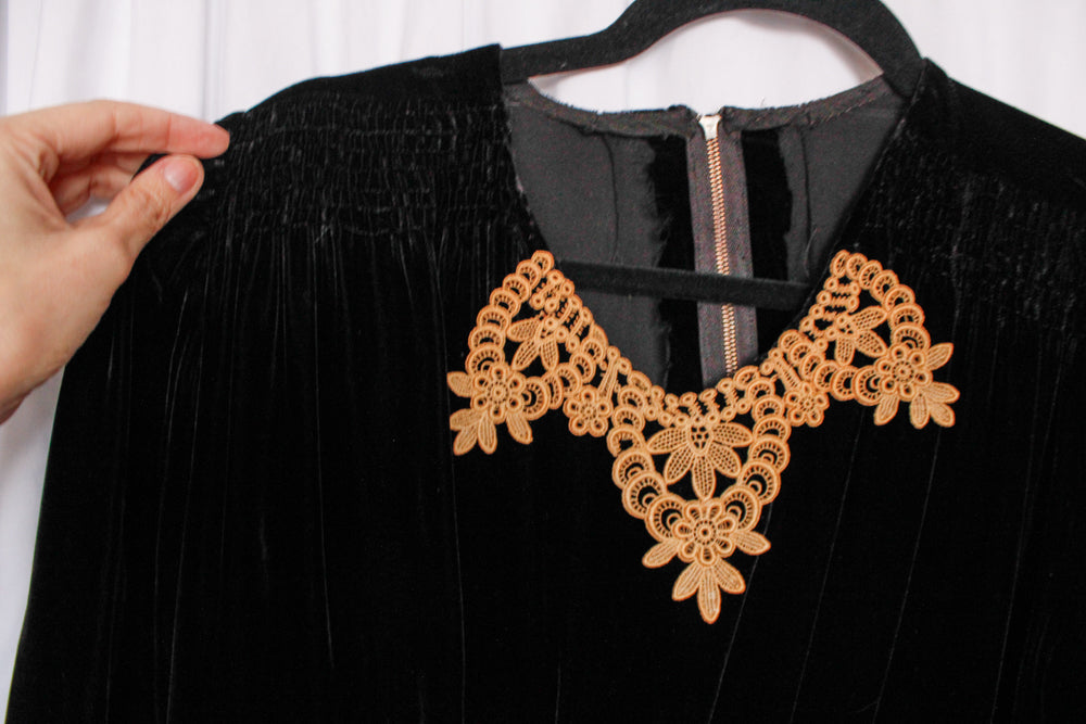 1930s Silk Black Velvet Dress with Crochet Trim - Medium