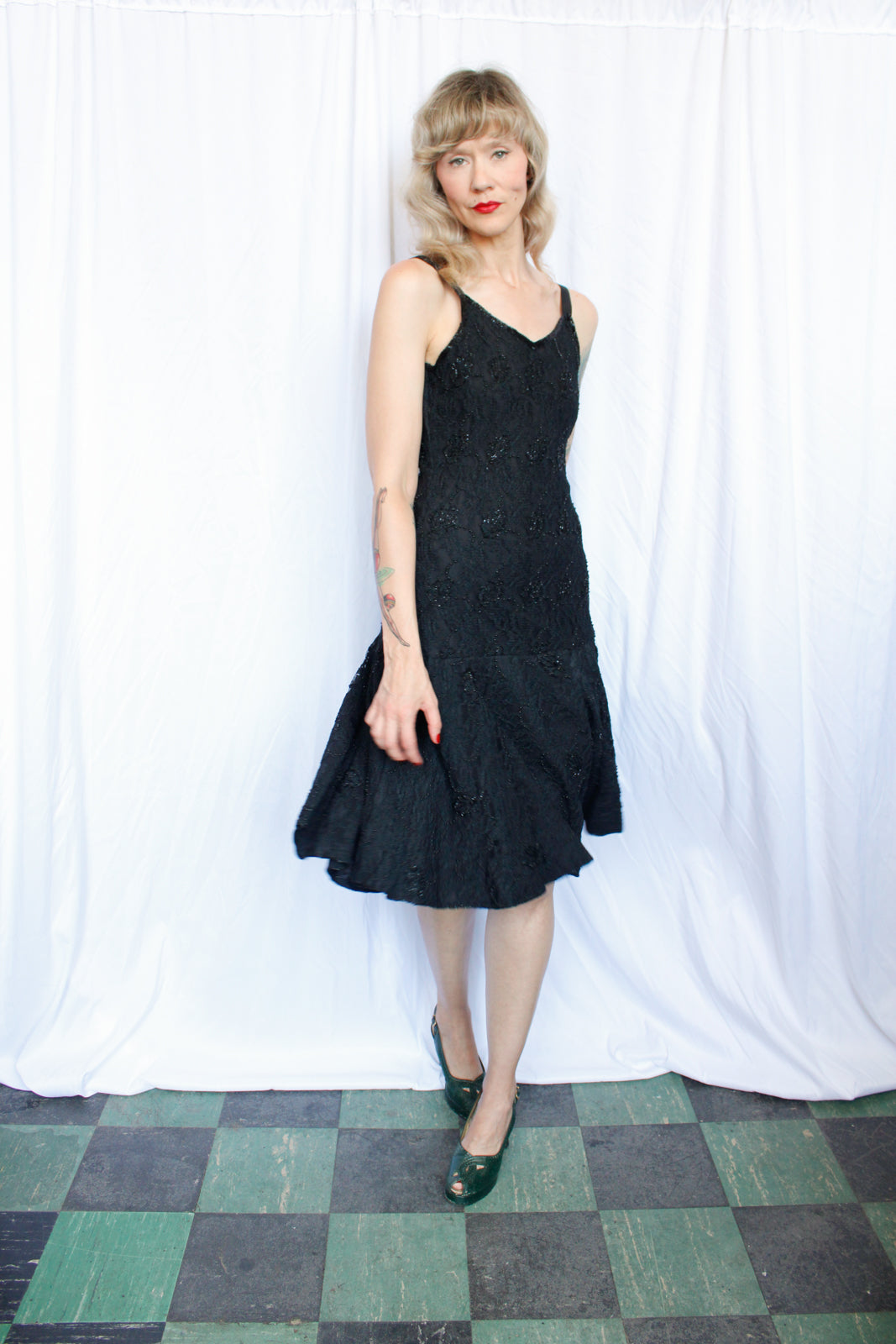 1990s Beaded Lace Black Cocktail Dress - Small