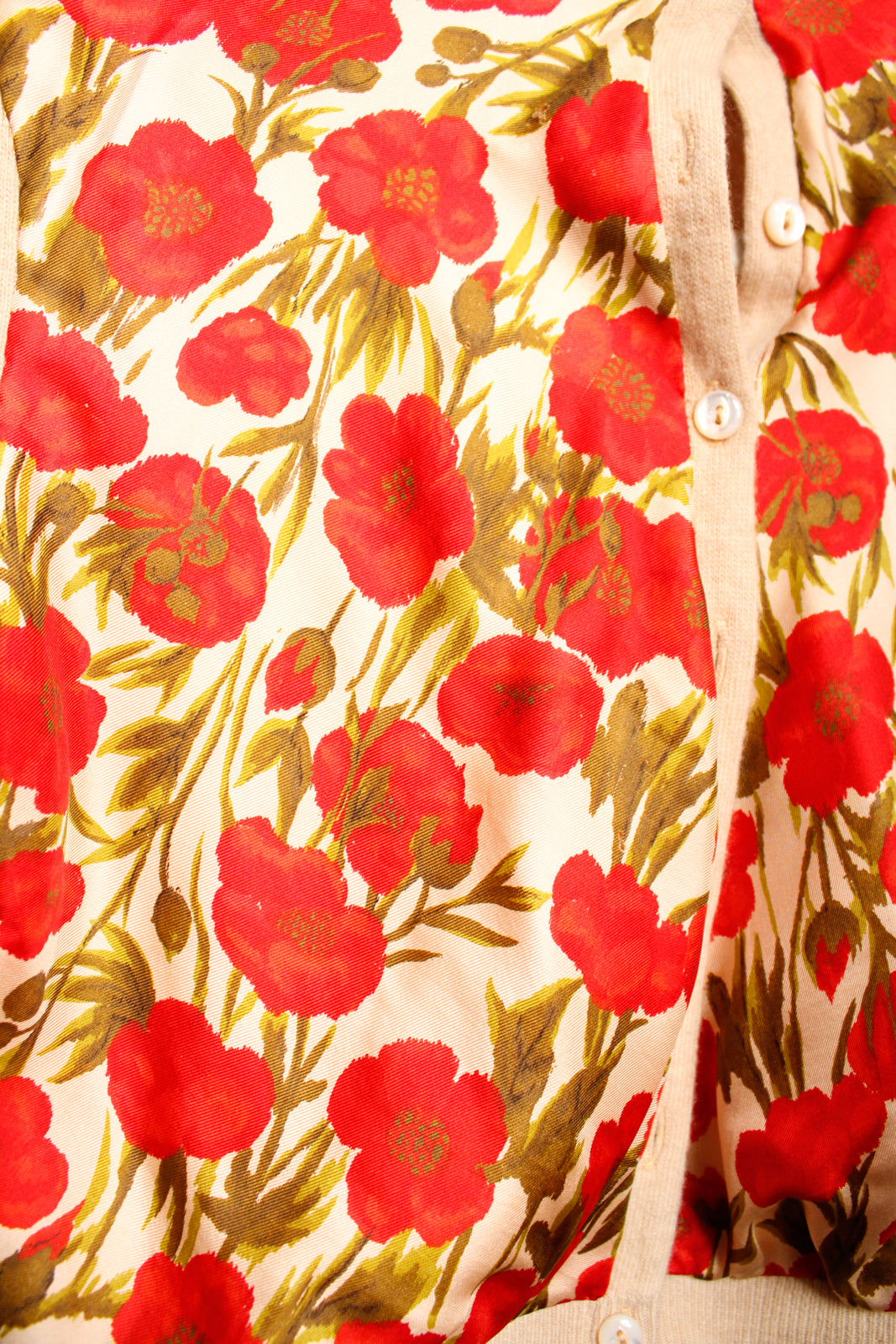 1950s Silk Poppy Dress & Cashmere Cardigan - Medium