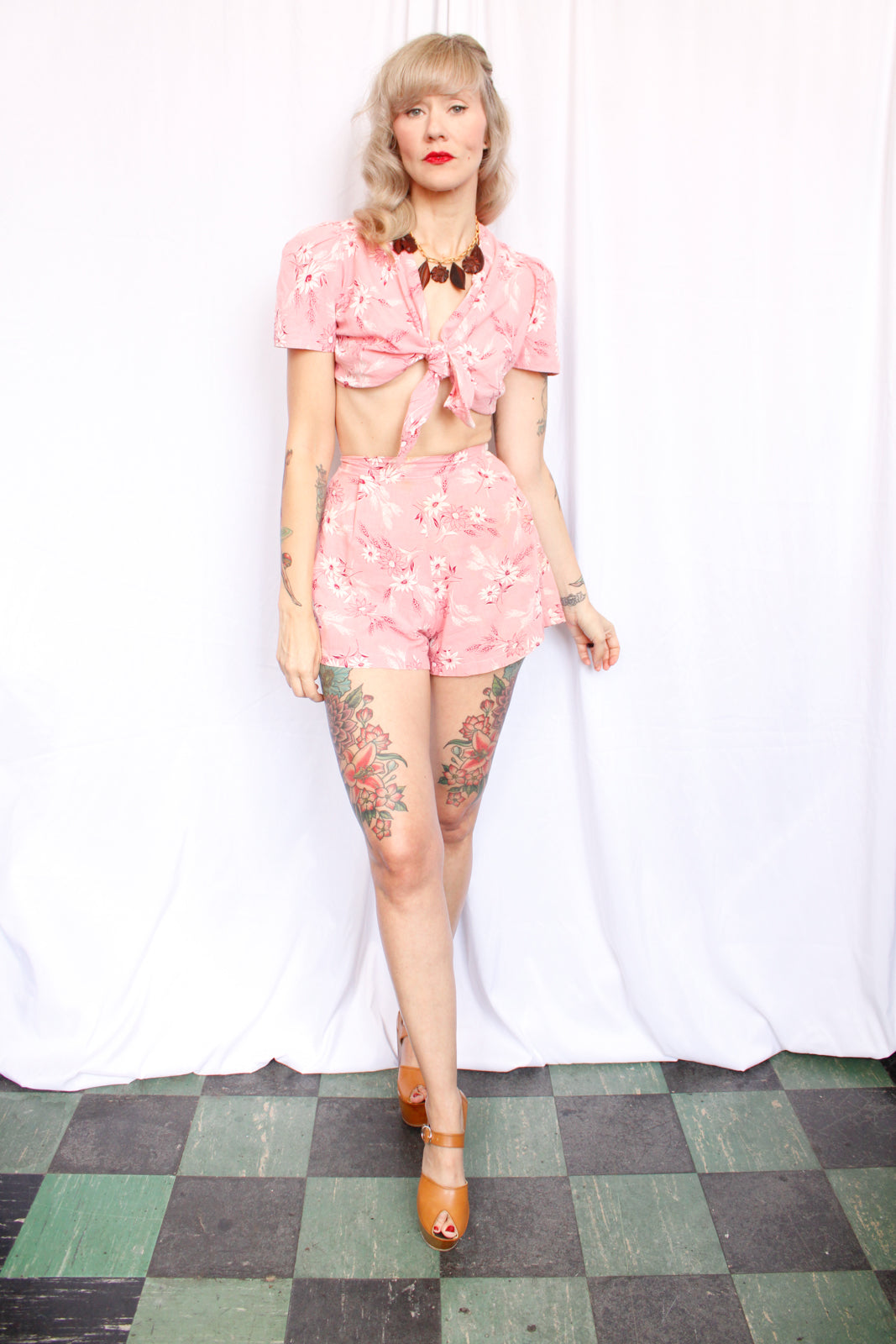 1940s Pink Floral Cotton Playsuit Crop Top & Shorts - Xs