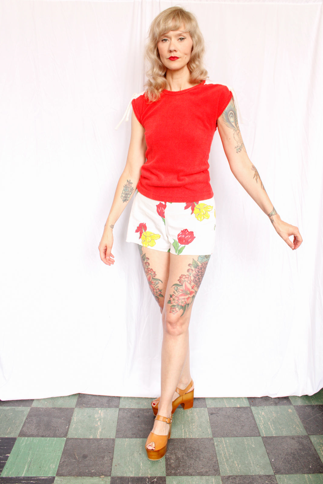 1940s Rose Print Cotton Shorts - XXS