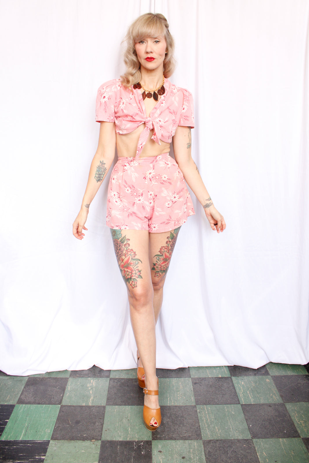 1940s Pink Floral Cotton Playsuit Crop Top & Shorts - Xs