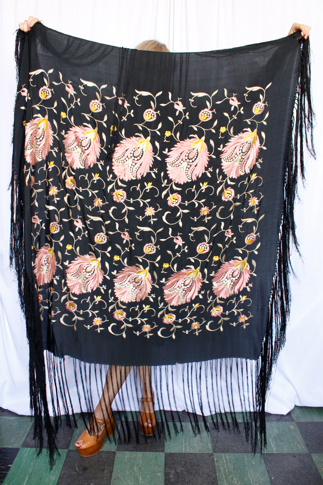 1920s Silk Embroidered Fringed Piano Shawl 