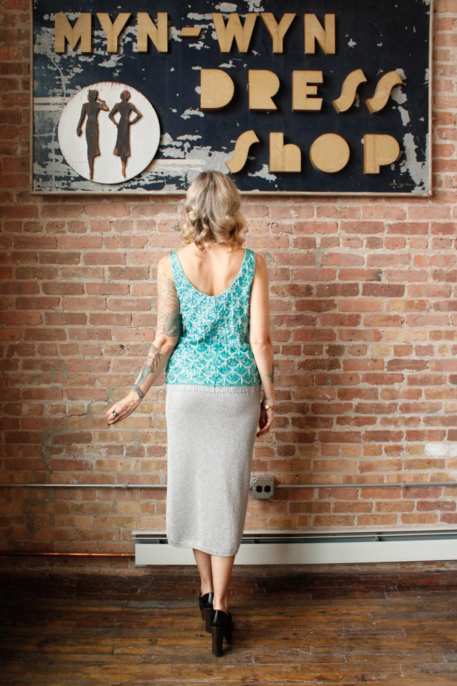 1960s Mermaid Aquamarine Beaded Top - Medium  & 1990s Silver Knit Maxi Skirt - Medium