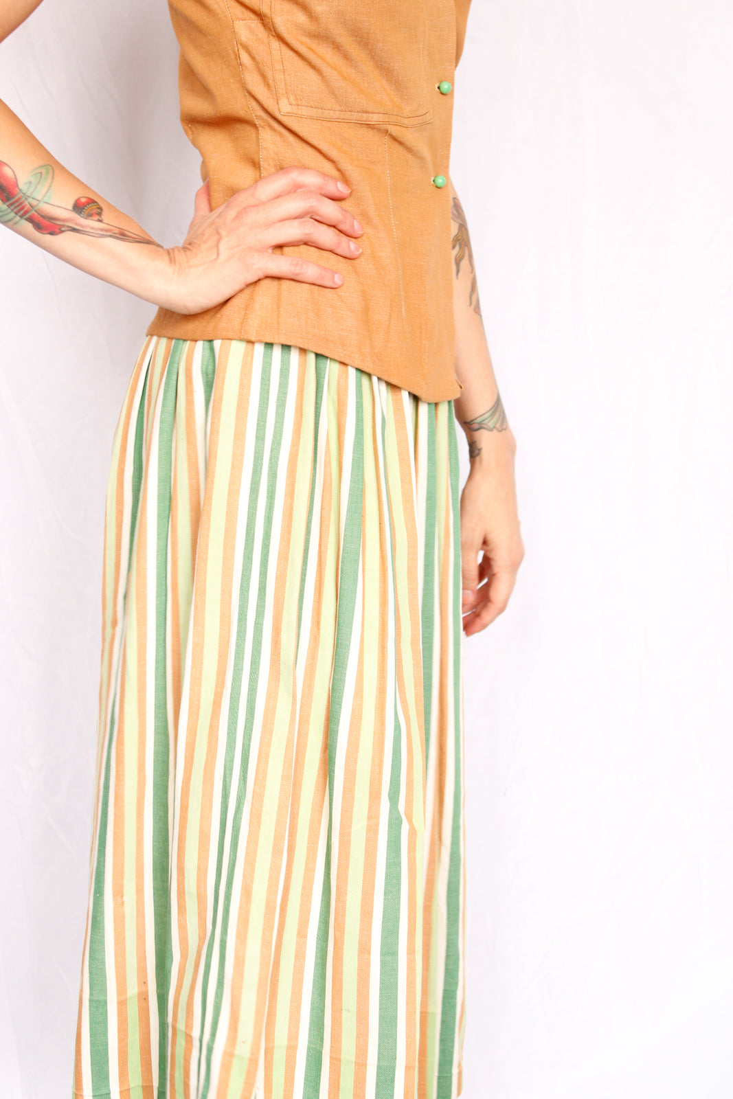 1940s Summer Blouse & Striped Skirt Set - Xsmall