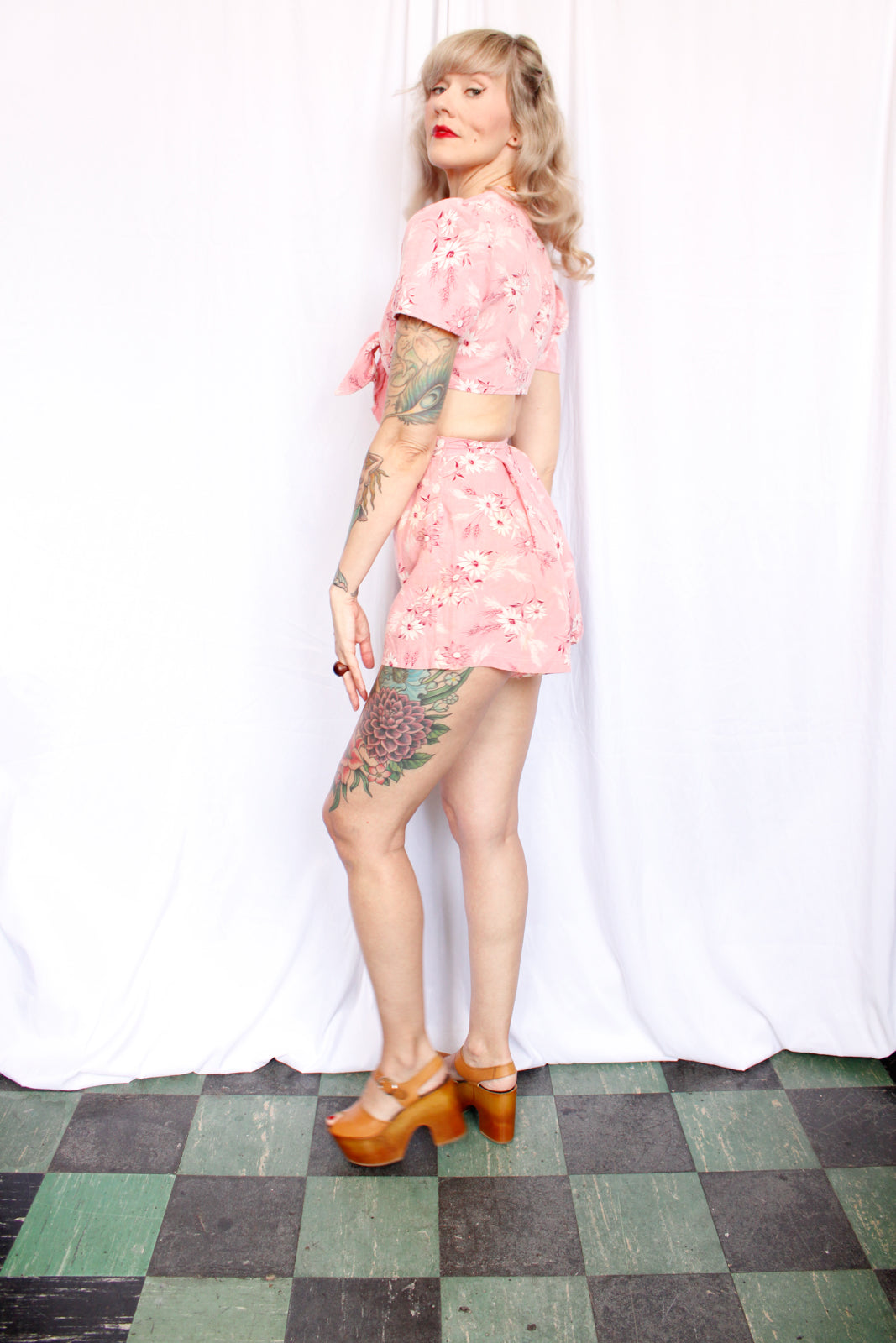 1940s Pink Floral Cotton Playsuit Crop Top & Shorts - Xs