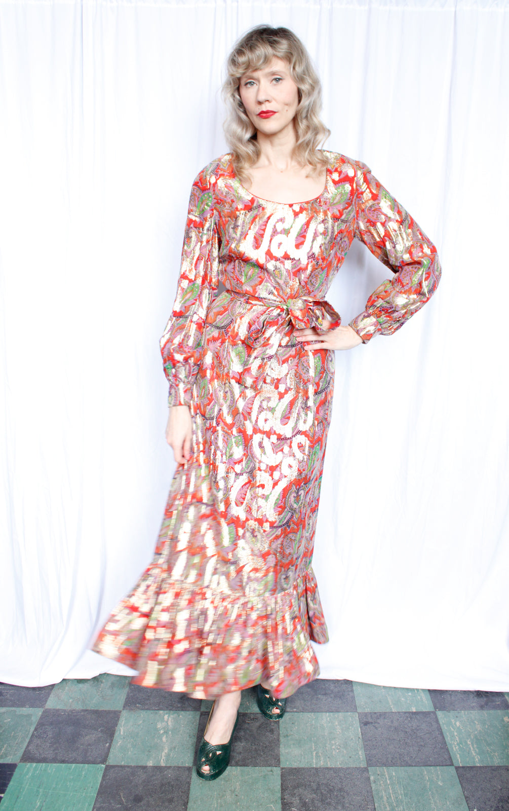 1970s Gold & Red Metallic Maxi Dress with Ruffle Hem - Medium