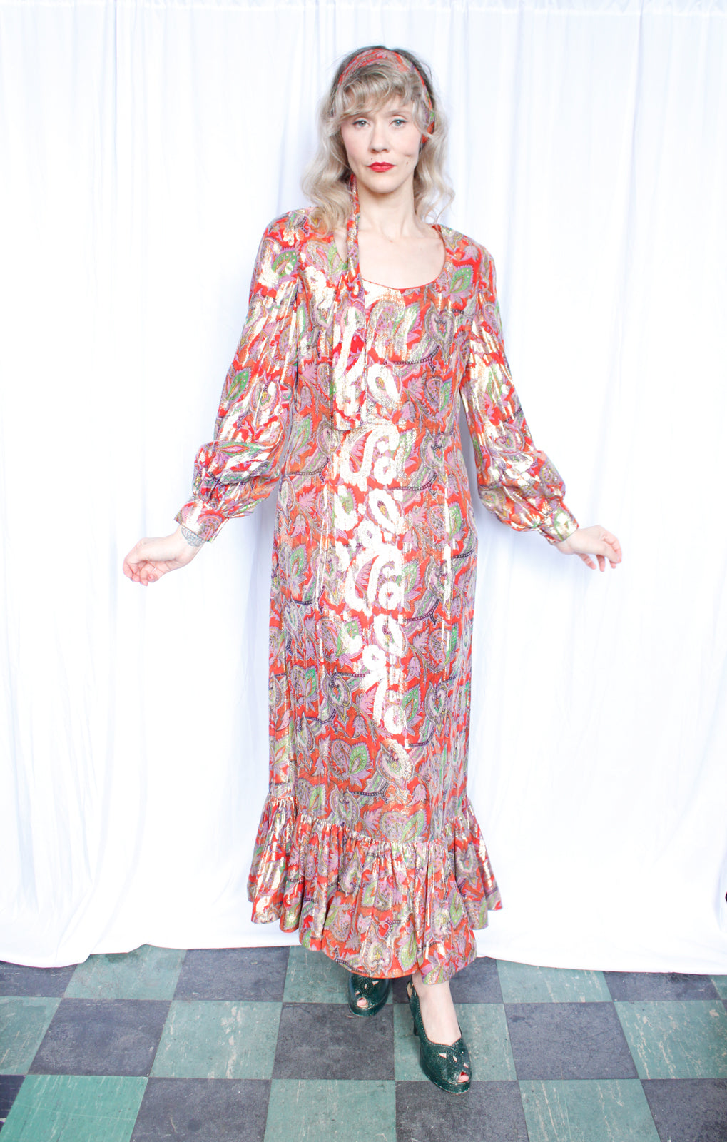 1970s Gold & Red Metallic Maxi Dress with Ruffle Hem - Medium