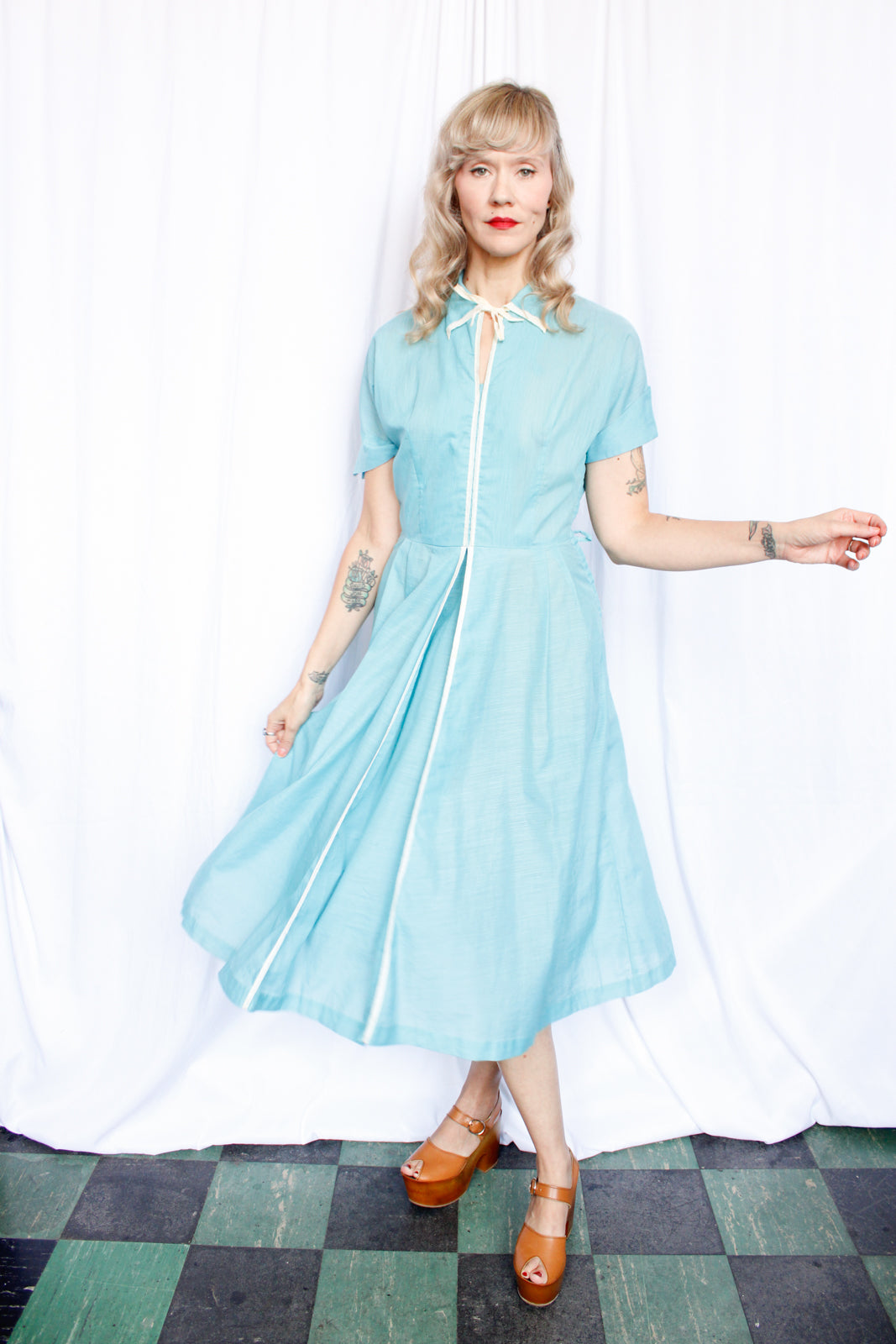 1950s Sue Carson Teal Day Dress - Medium 