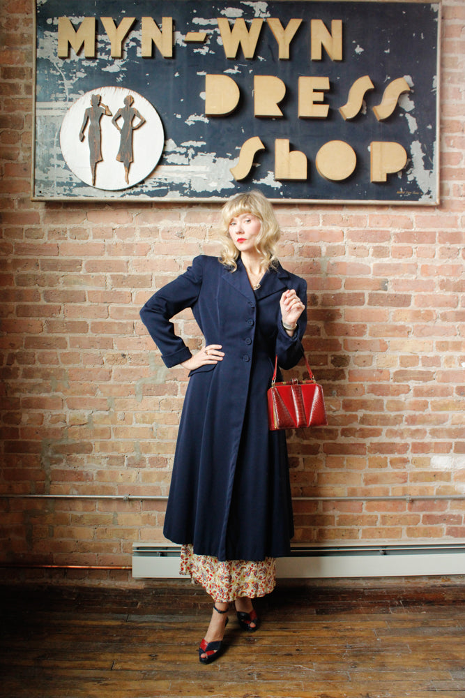 1940s Junior Deb Navy Gabardine Coat - S/M