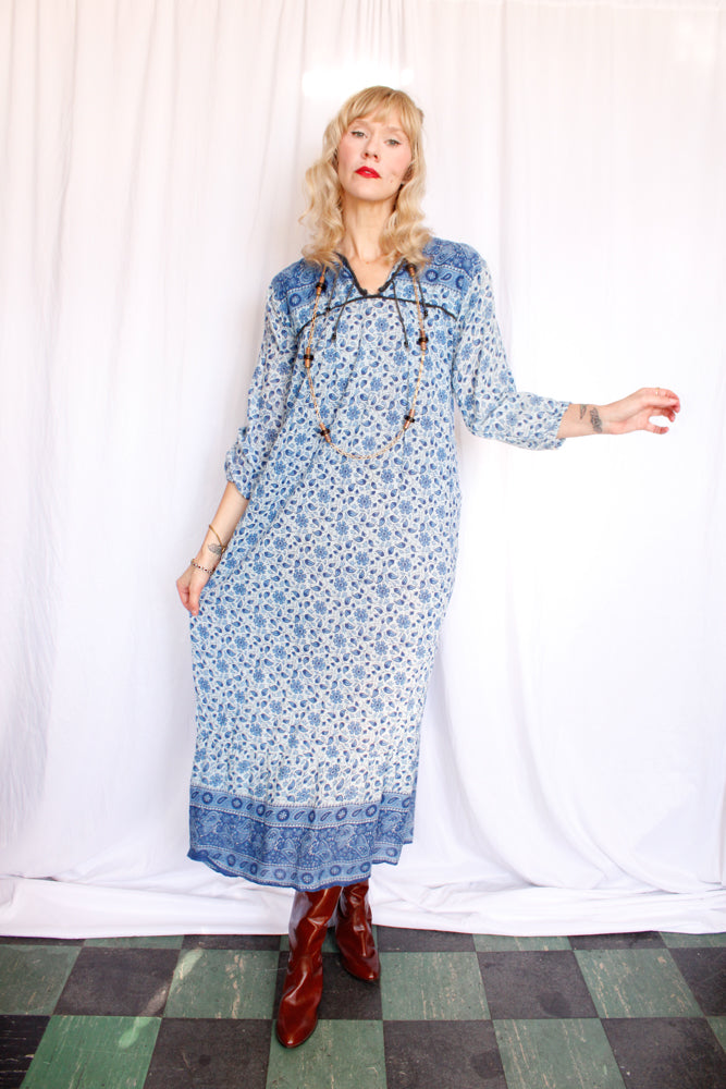 1970s Indian Cotton Maxi Dress - M/L