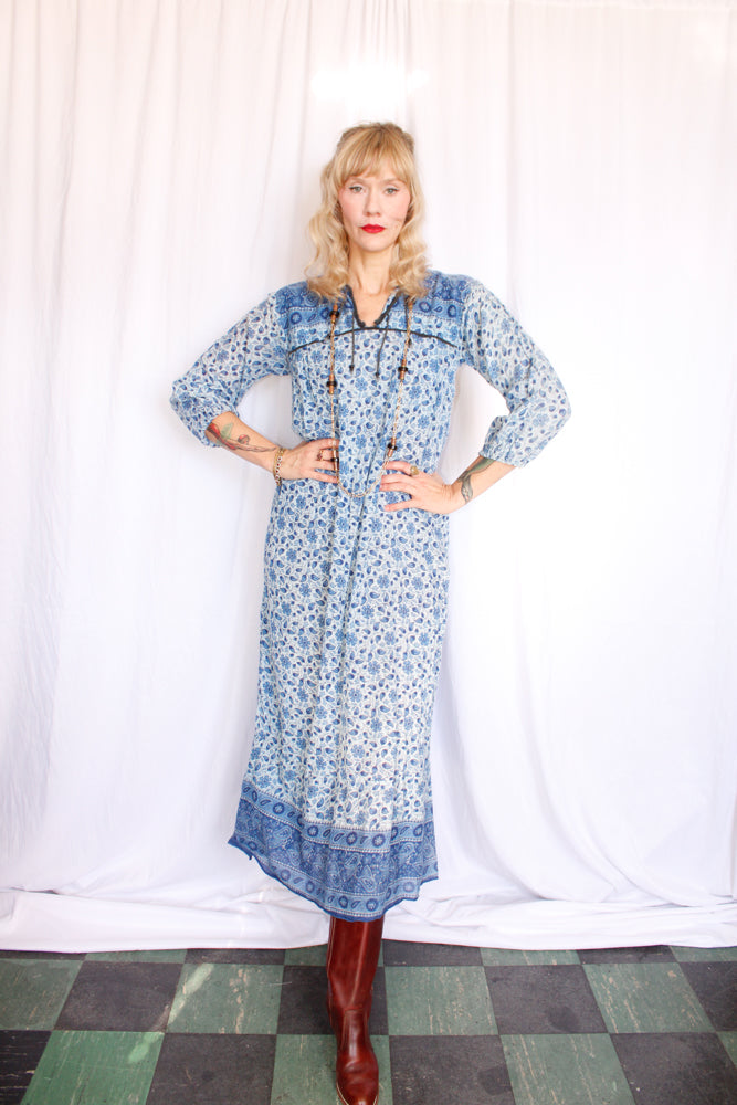 1970s Indian Cotton Maxi Dress - M/L