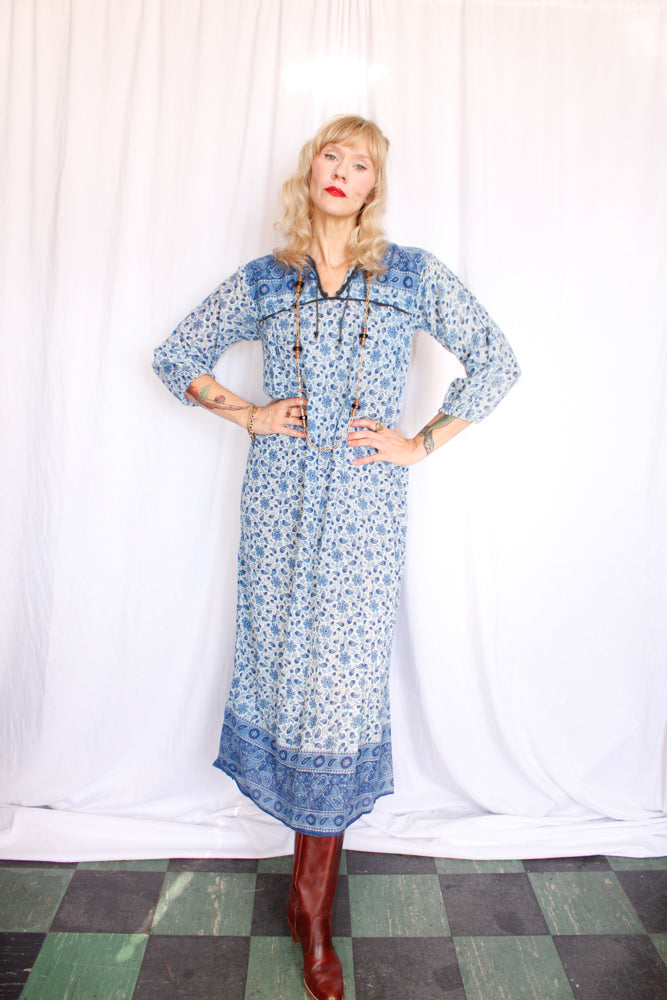 1970s Indian Cotton Maxi Dress - M/L