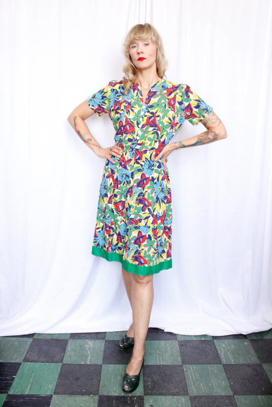 1930s Tropical Floral Dress - M/L