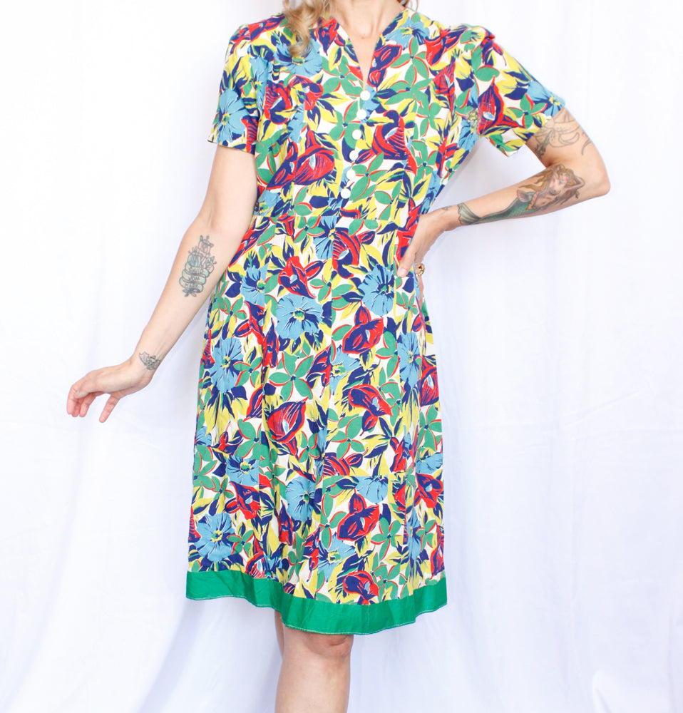 1930s Tropical Floral Dress - M/L