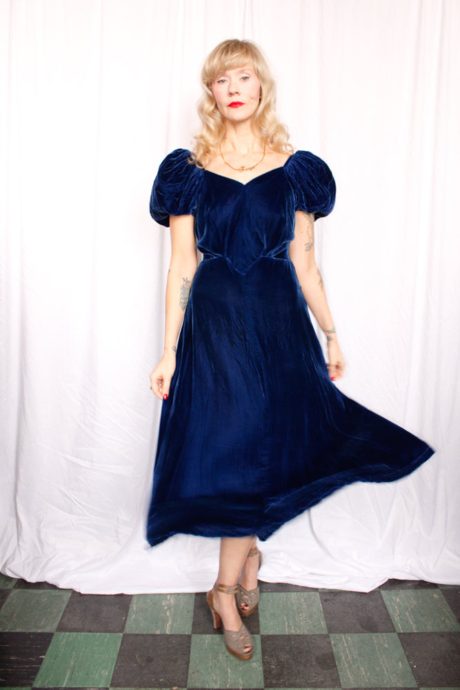 1930s Sapphire Blue Puff Sleeve Gown - Small to Medium