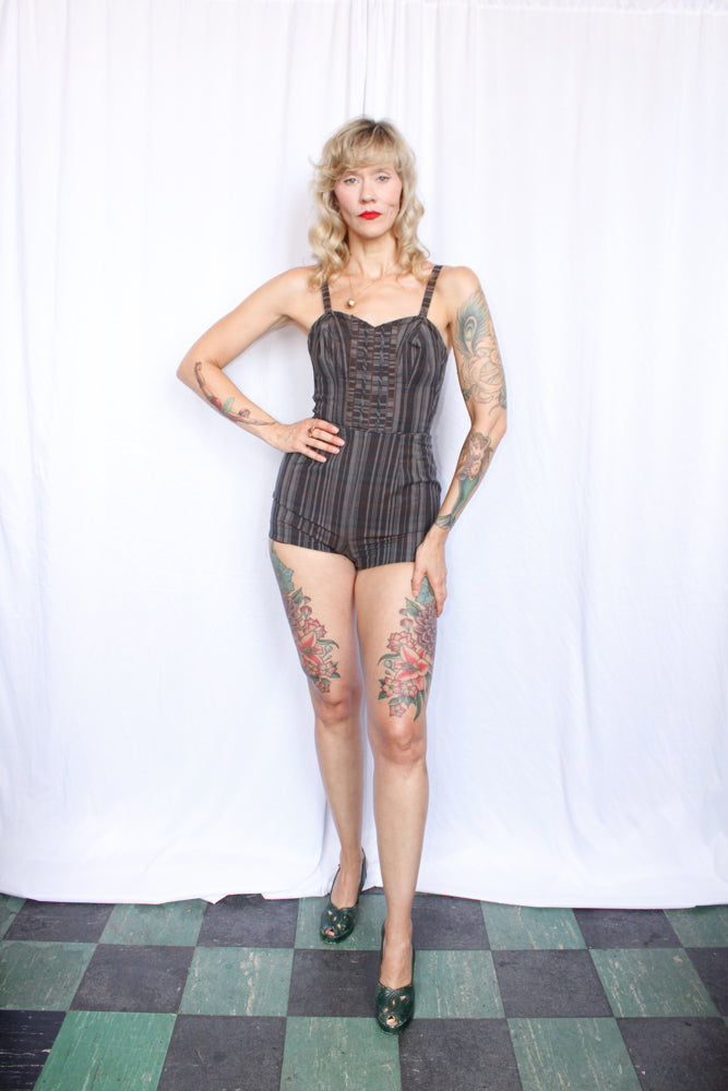 1950s Gray Striped Cotton Playsuit/Swimsuit - Xsmall