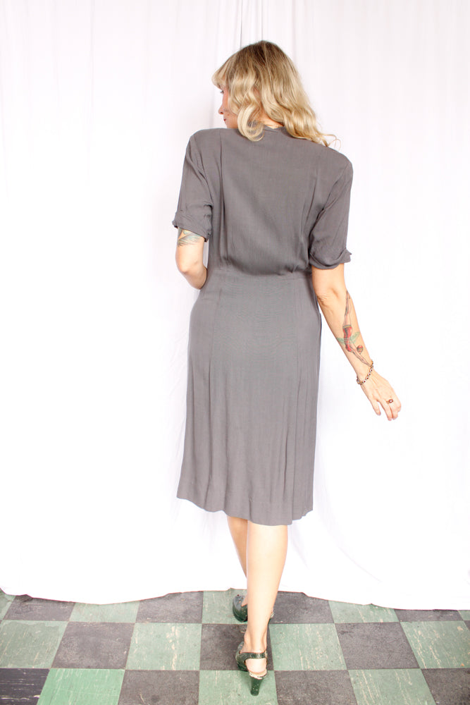 1940s Town & Travel Grey Button Dress - Medium