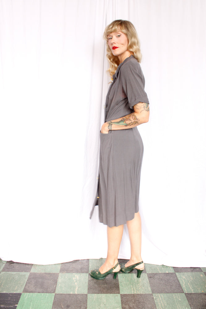 1940s Town & Travel Grey Button Dress - Medium