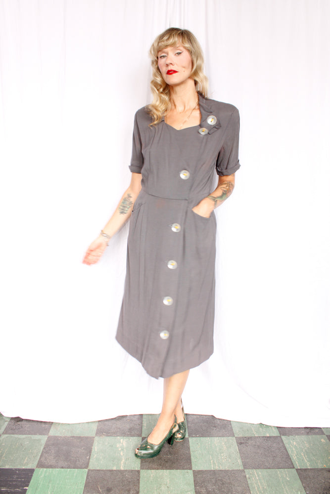 1940s Town & Travel Grey Button Dress - Medium