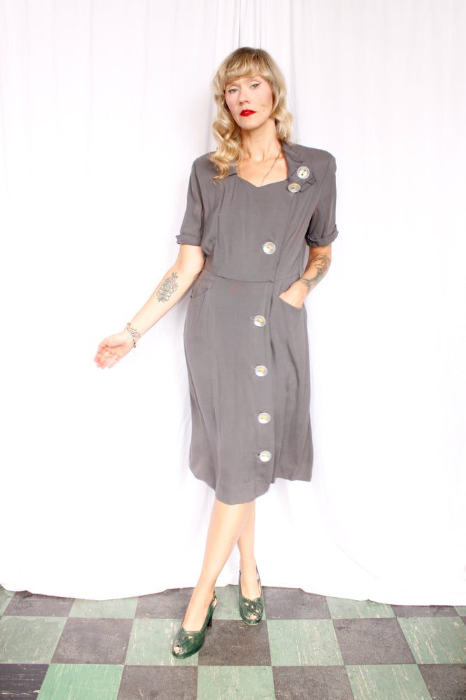 1940s Town & Travel Grey Button Dress - Medium