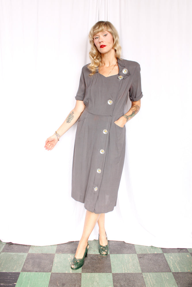 1940s Town & Travel Grey Button Dress - Medium