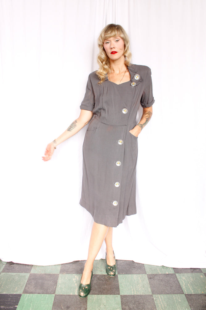 1940s Town & Travel Grey Button Dress - Medium