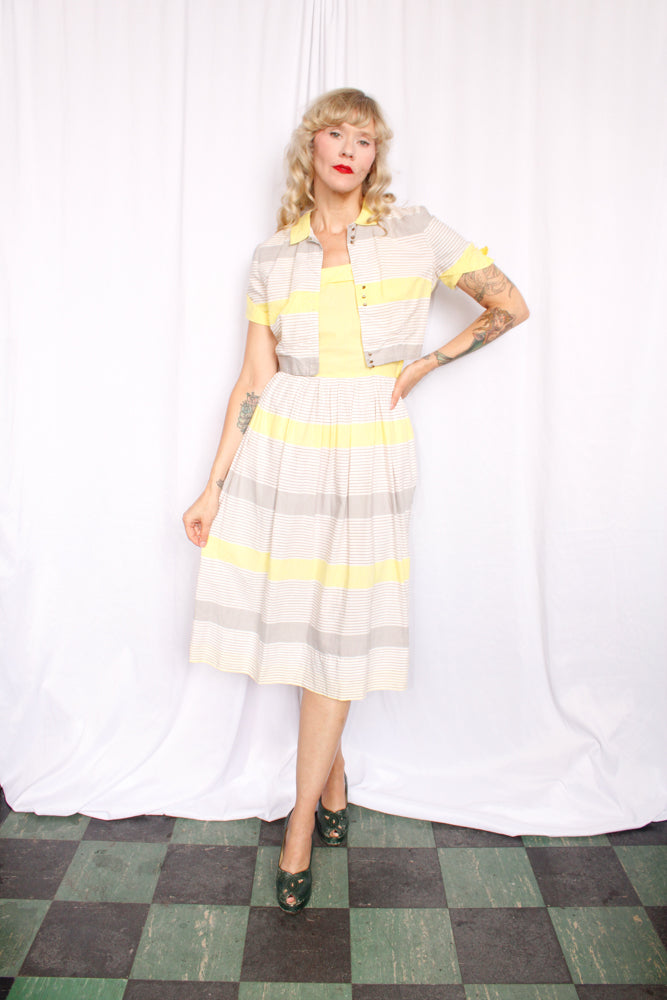 1950s Cotton Yellow Stripe Dress & Bolero - Small