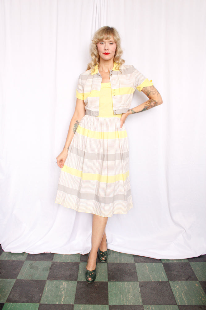 1950s Cotton Yellow Stripe Dress & Bolero - Small