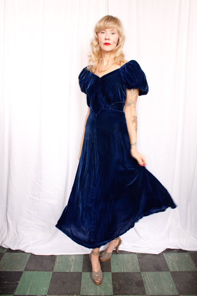 1930s Sapphire Blue Puff Sleeve Gown - Small to Medium