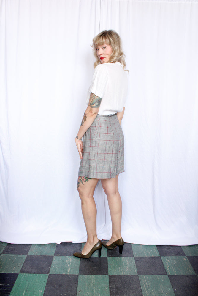 1950s White Cotton Blouse - Medium1990s Herringbone Plaid Shorts - 27 waist