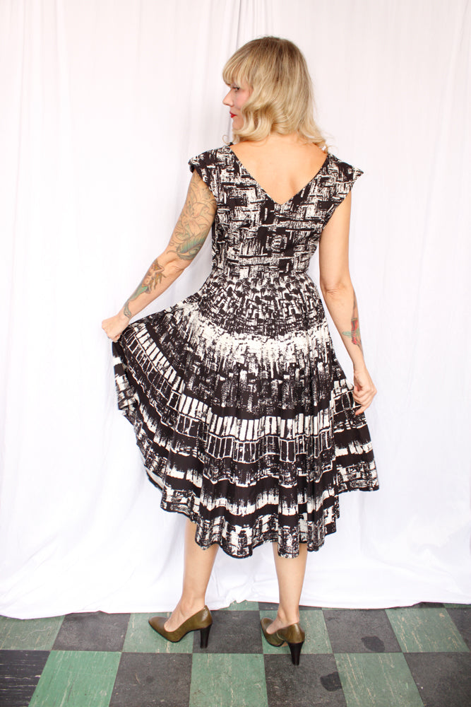 1950s Marc-EL Black & White Print Dress - M