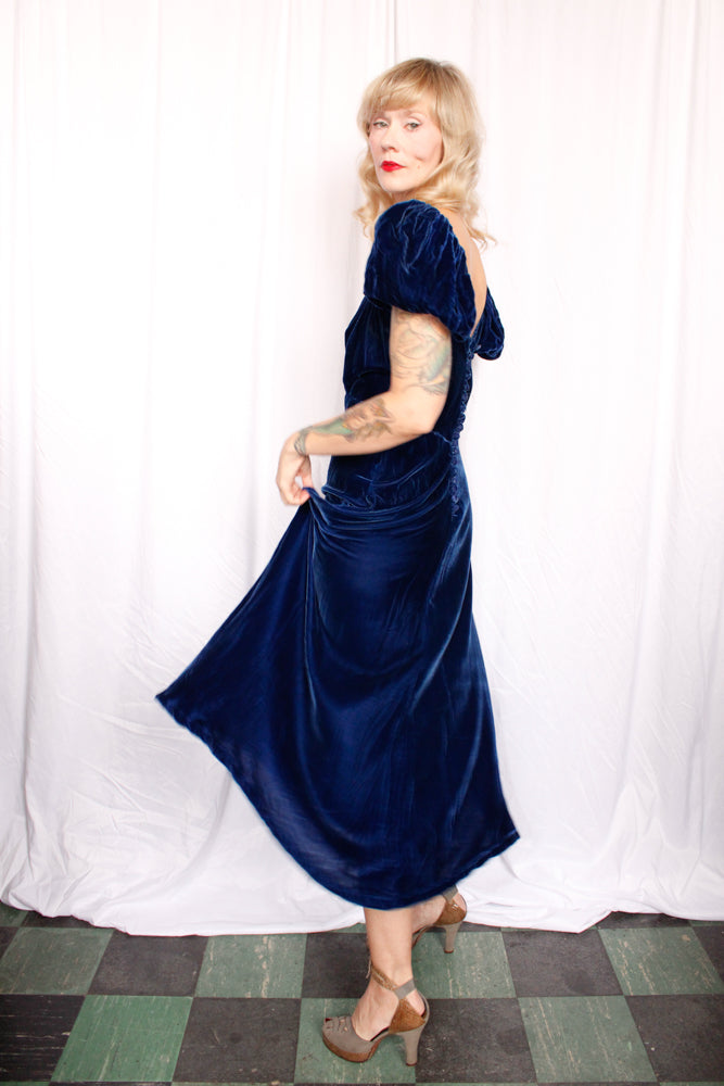 1930s Sapphire Blue Puff Sleeve Gown - Small to Medium