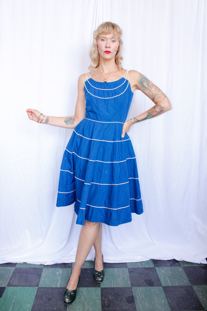 1950s Bright Blue Cotton Dress - S/M